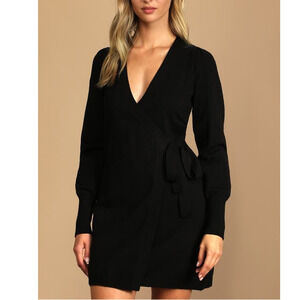 LULU'S SZ S Black Fall Favorites Long Sleeve Wrap Sweater Mini Dress NEW b120